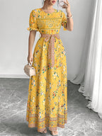 Holiday Gathering Vacation Dress Printed Dress Women'S Fashion Round Neck Short Puff Sleeve Skirt Design with Belt Waist-Cinching Long Dress Elegant Summer Dress ASD1 - Yellow
