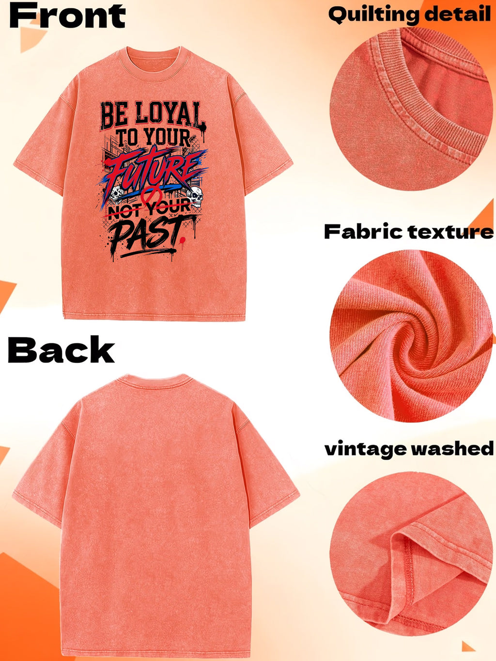 American-Style Washed Vintage Skull Graphic T-Shirt, Dark High Street Fashion Short Sleeves, Loose Fit with Motivational Slogans for Men - Orange
