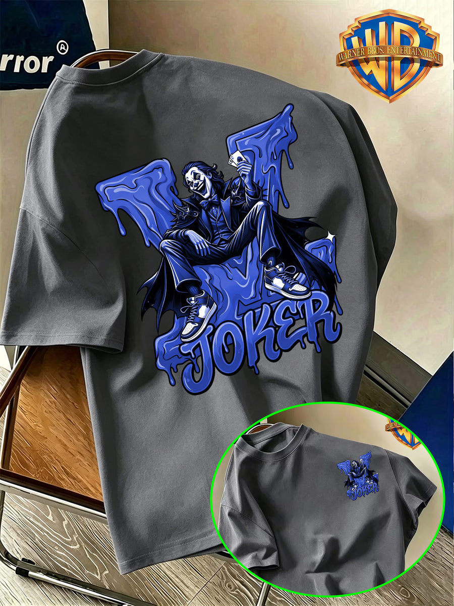 Warner Bros. Official Premium Blue Joker Klein Blue Throne JOKER Print T-Shirt, American Retro Casual Short Sleeve, Men'S Casual Comfortable Multi-Functional Loose Summer Short Sleeve T-Shirt, Suitable for Outdoor Wear, Gym - Dark Gray
