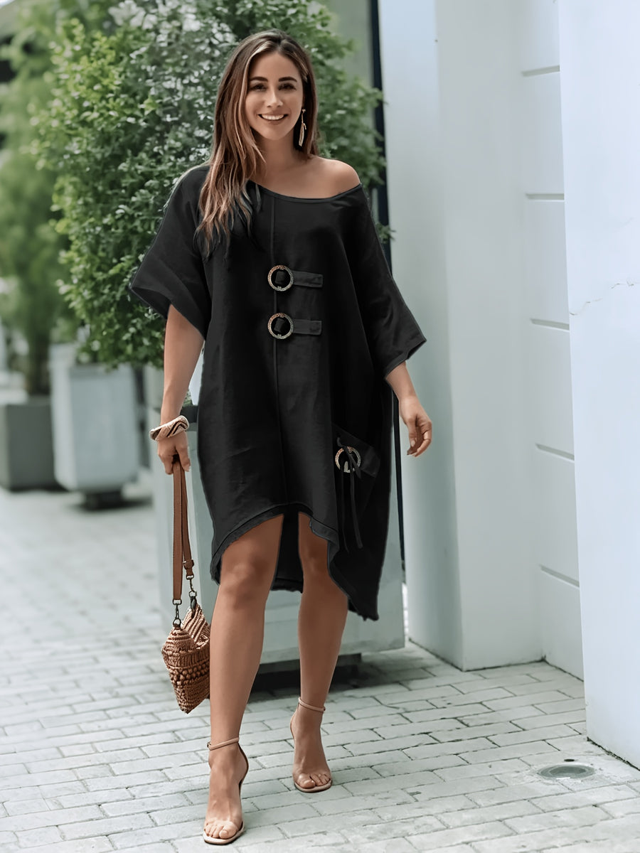 Plus Size - Women'S Dress, Plus Size Dress, Nomadic Style, One-Shoulder Dress, Coconut Button, Asymmetric Tie, High-Low Hem, Fringe Dress, Frayed Hem, -Like, Vacation Dress, Casual Dress, Boho Dress, Long Maxi Dress - Black