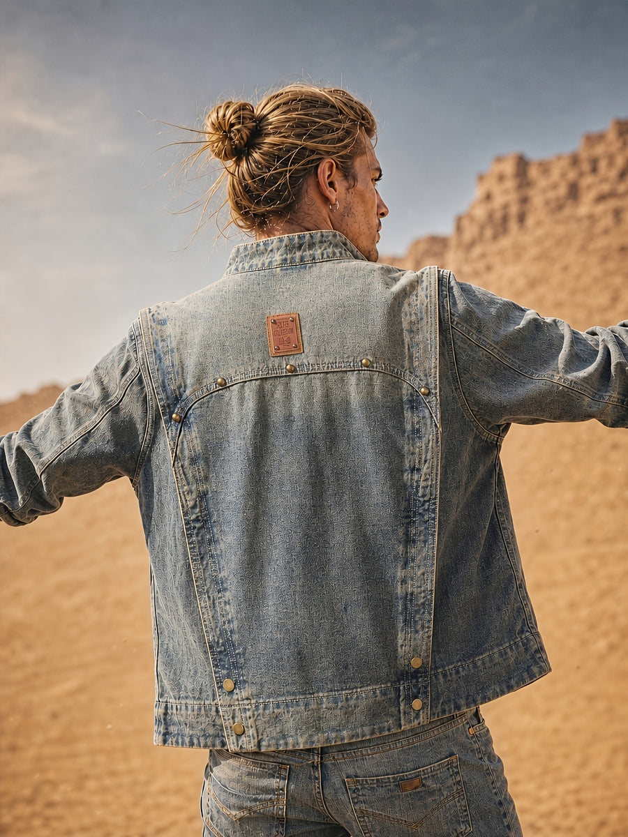 Men's Heavyweight Denim Jacket, Swagger Washed Gradient Vintage Autumn/Winter Trend American Workwear Jacket - Sky Blue