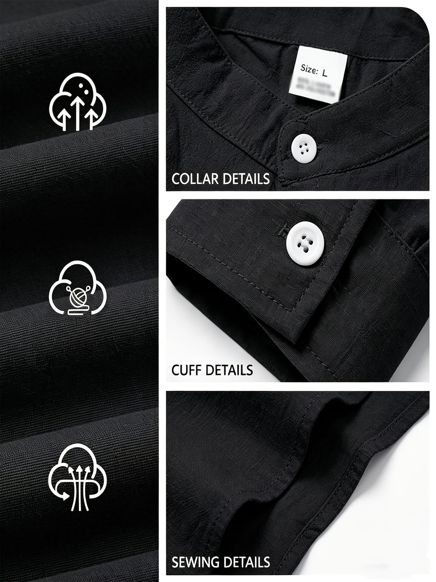 Men's Linen Shirt. Small Stand-up Collar Button- Shirt, Men's Casual Long-sleeve Shirt, Essential for Autumn and Winter, Simple and Versatile - Black