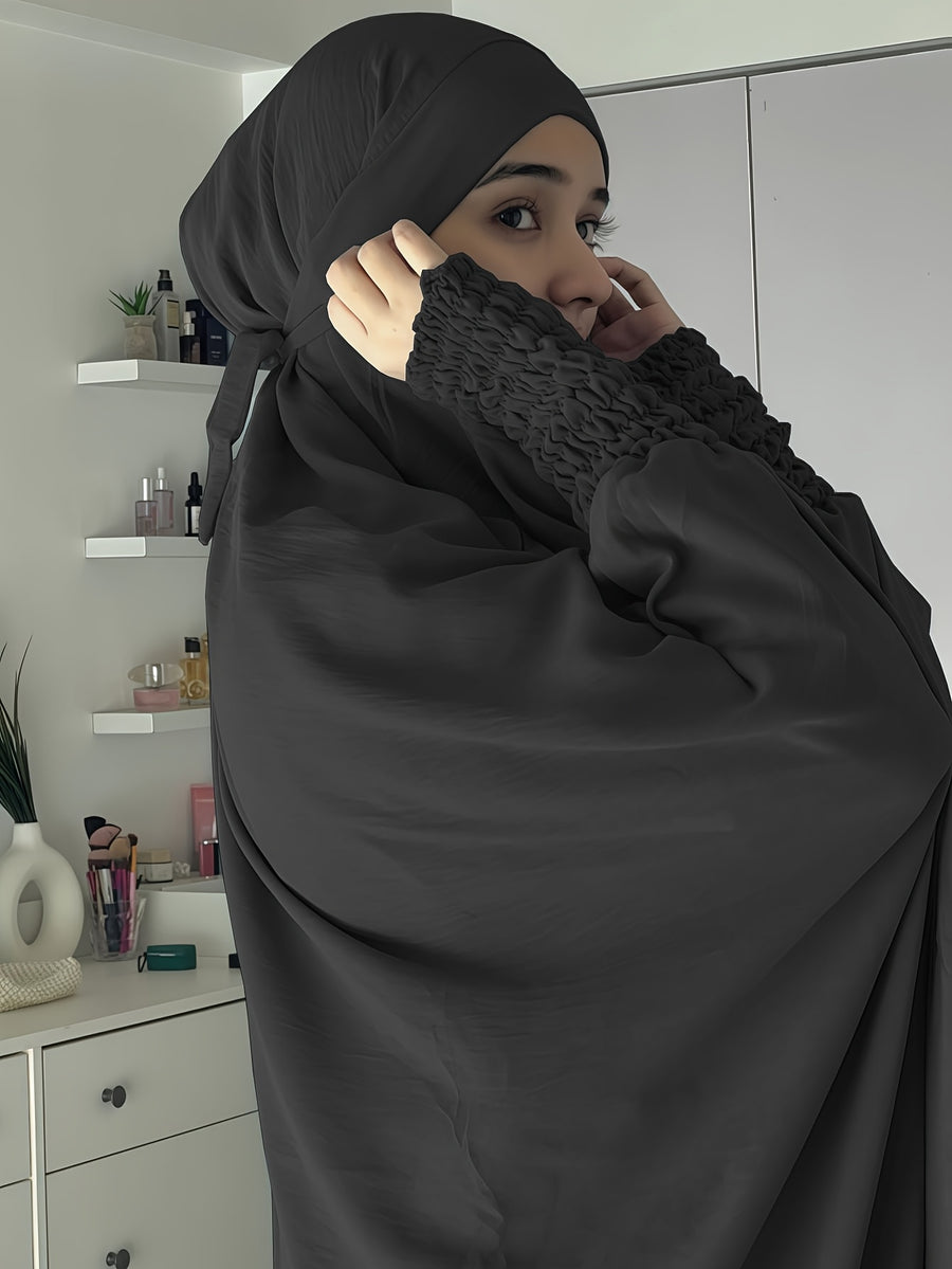 Khimar and Abaya Jilbab Dress, Loose Robe with Elastic Sleeves, High Privacy, Premium Jilbab for Muslim Women, Prayer Headscarf, Islamic Clothing, Khimar - Black
