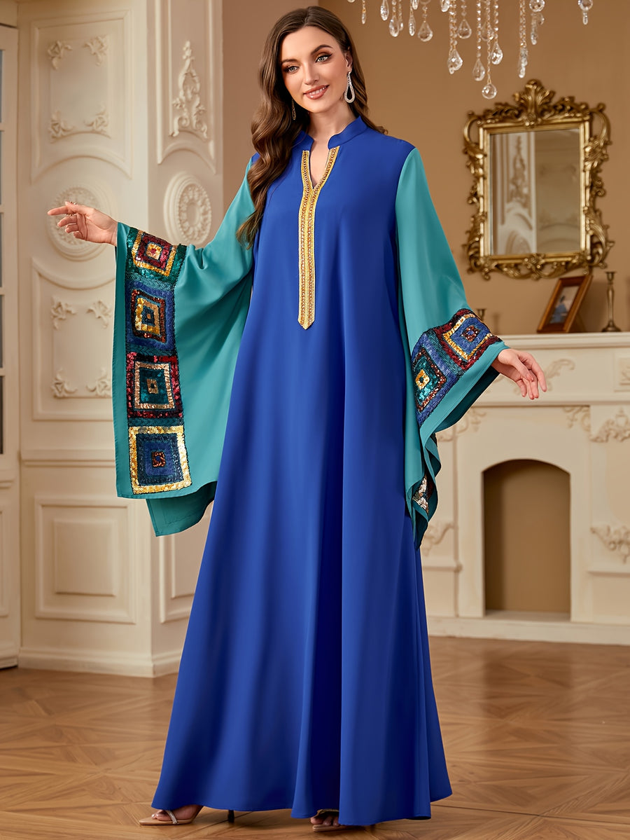 Women'S Spring Summer Fashion Sequin Appliqué Patchwork Ribbon V-Neck Contrast Loose Long Sleeve Arab Banquet Dress - Blue