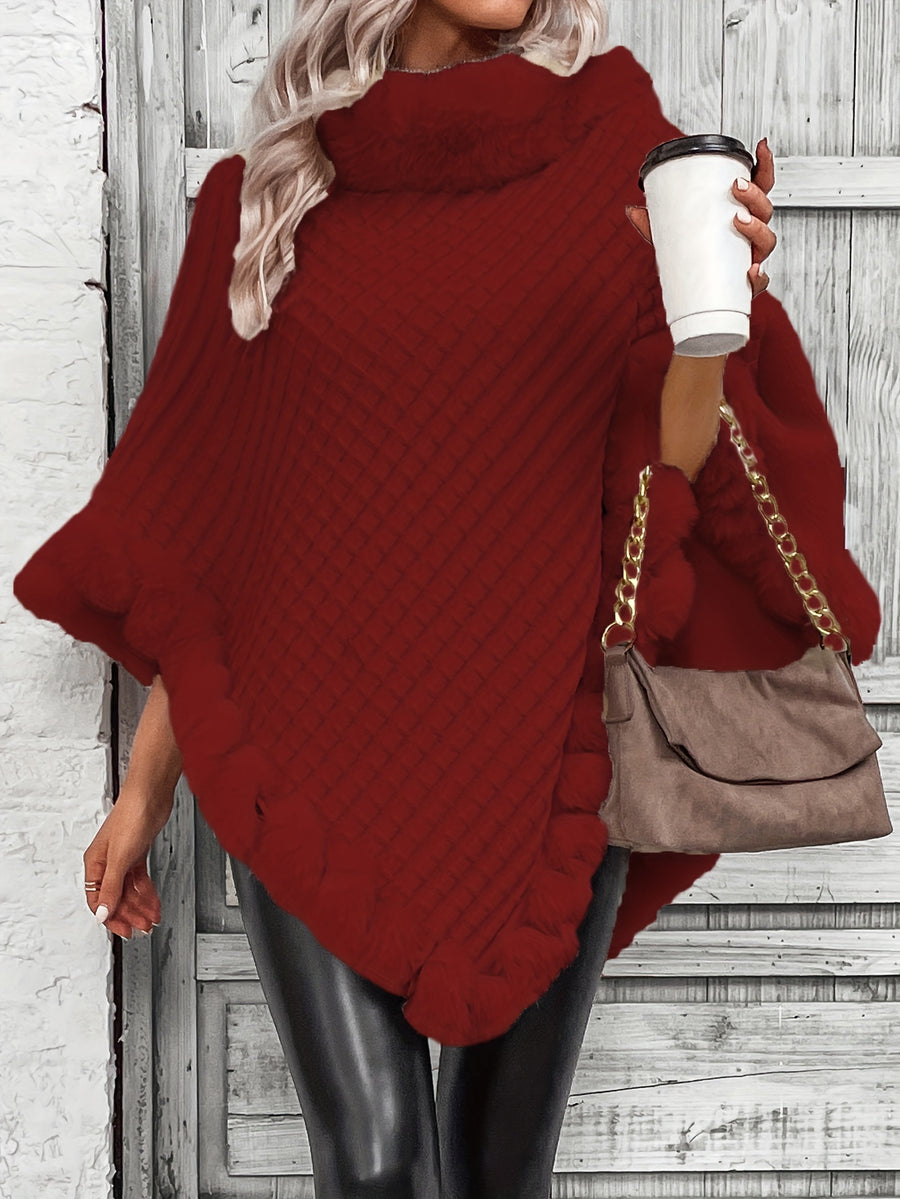 Women'S Elegant Faux Fur Collar Cape Coat - Soft Winter Coat with Plush Fur Trim, All-Season Chic Outerwear for Everyday & Formal Events - Burgundy