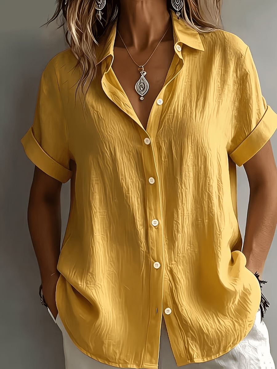 Women's Elegant Vacation-style Short-sleeve Top, Loose and Relaxed Shirt, Commuting Casual Literary Style, Figure-flattering, Daily Temperament Style, Loose and Draping, Breathable and Comfortable - Yellowish-brown