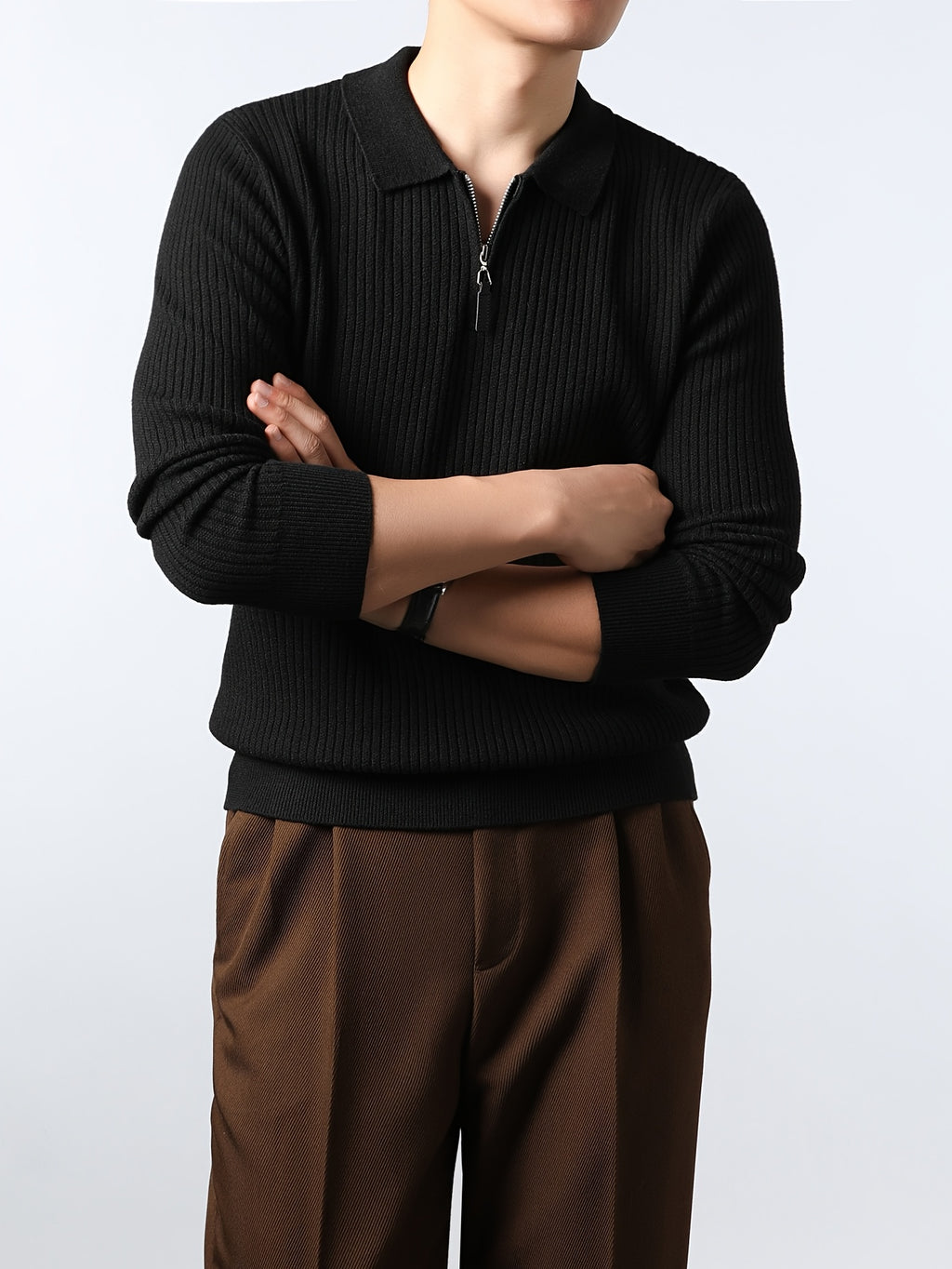 Xingfan Autumn/Winter Men's Ribbed Cable Knit Lapel Pullover Casual 4/1 Zipper Thickened Warm Long-Sleeve Sweater - Black