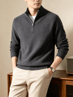 Du Jing Lan OBM Spring/Autumn New Arrival Men's Knitted Pullover, Old Money Style Solid Color Half-Open Placket Stand Collar Long Sleeve Knitted Pullover, Men's Business Casual Fashion Ribbed Sweater, Suitable for Layering or Wearing as an Inner - Dark Gray