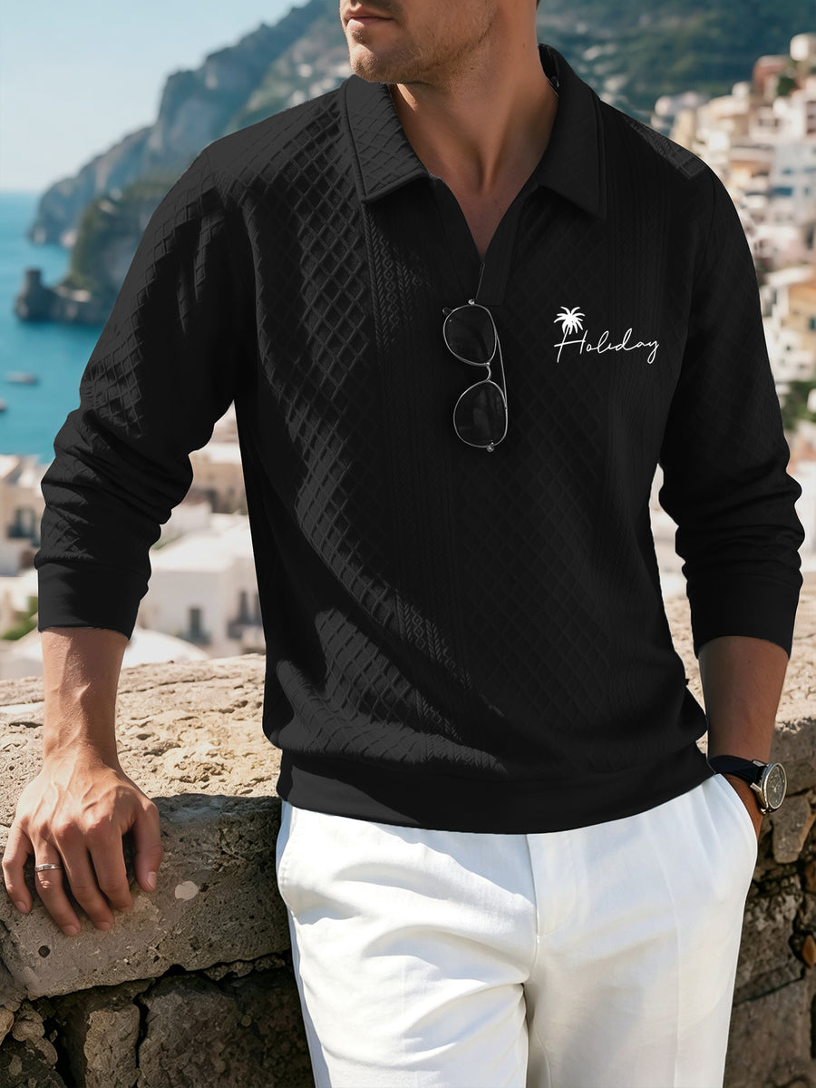 Versatile and Practical Men's Diamond-pattern Long-sleeve Polo Pullover with Lapel Collar, European and American Style, Suitable for Commuting and Outings (texture May Vary) - Black