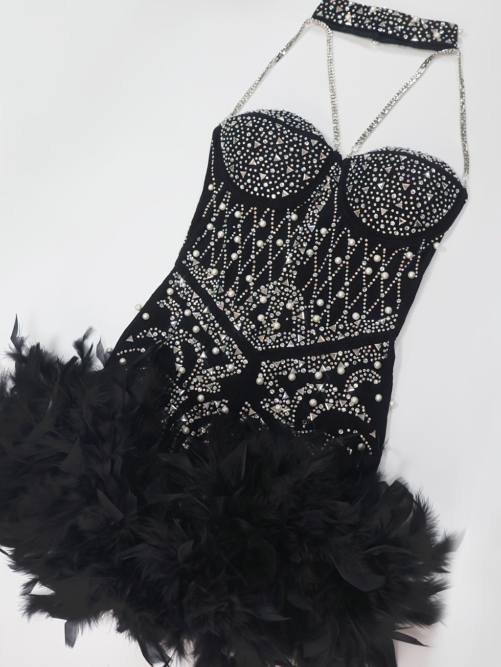 Women'S Sleeveless Halter Neck Sequin Beaded Mesh Semi-Sheer Bodycon Mini Dress, Sparkling Beaded And Hot-Stamped Design on Top, Artificial Feather Skirt Design, Suitable for Dates, Casual Wear, Nightclubs, Parties, Stage, Bachelorette Parties - Deep Grey