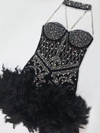 Women'S Sleeveless Halter Neck Sequin Beaded Mesh Semi-Sheer Bodycon Mini Dress, Sparkling Beaded And Hot-Stamped Design on Top, Artificial Feather Skirt Design, Suitable for Dates, Casual Wear, Nightclubs, Parties, Stage, Bachelorette Parties - Deep Grey