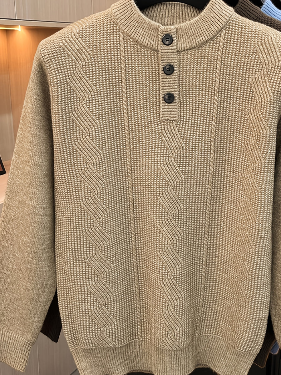 Spring And Autumn Men'S Half-Button Henley Collar Knit Sweater 3D Jacquard Texture Warm Easy And Atmospheric Middle-Aged Men'S Commuter Pullover - Flower Yellow