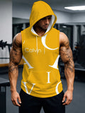 Men's Sleeveless Hooded Sports Top Fashion Yellow And White Color Block Letter Print Gym Wear Breathable Comfortable for Daily Training Casual Versatile Trendy Top - Mixed colors
