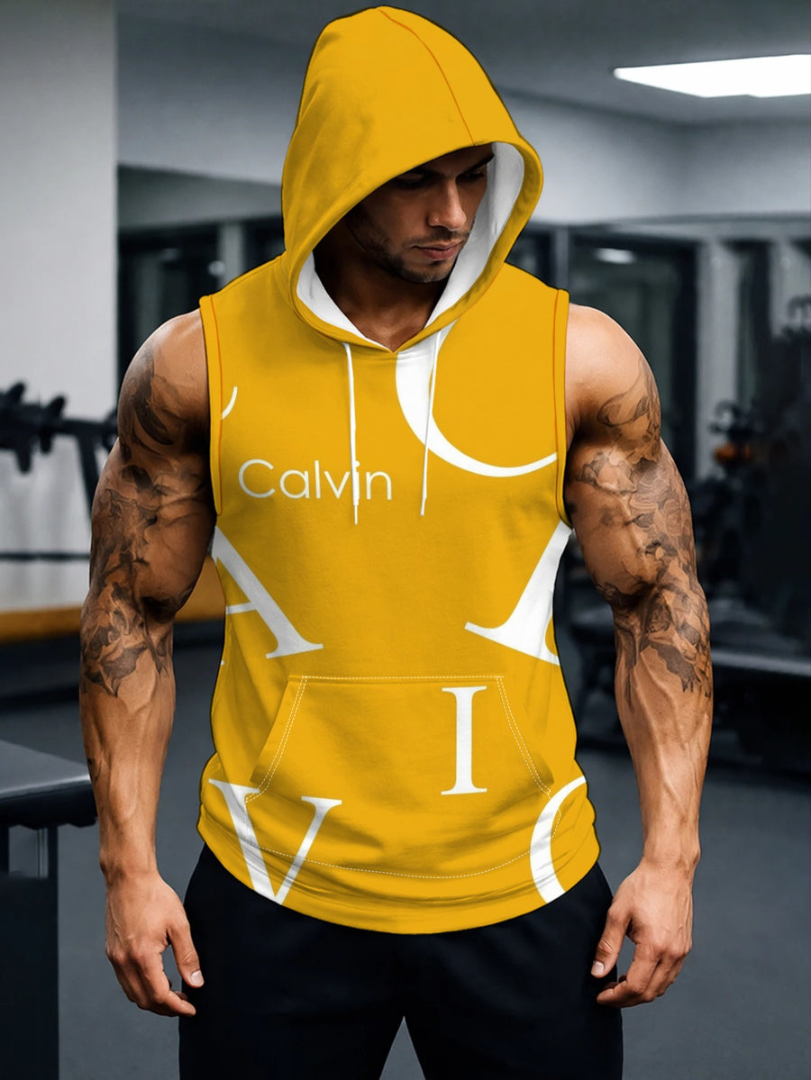 Men's Sleeveless Hooded Sports Top Fashion Yellow And White Color Block Letter Print Gym Wear Breathable Comfortable for Daily Training Casual Versatile Trendy Top - Mixed colors