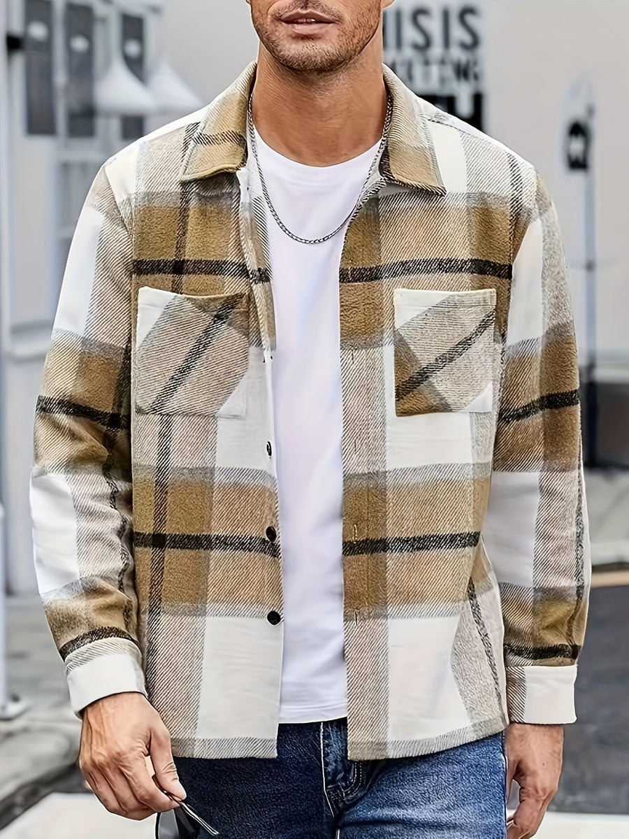 Men's Flannel Thickened Warm Casual Fashion Versatile Plaid Shirt Jacket - Khaki