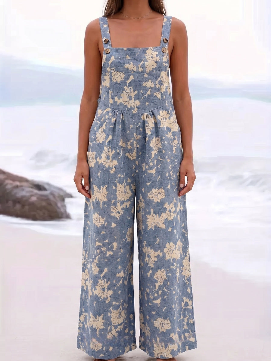 Retro Blue Base Beige Floral Print Overalls Wide Leg Jumpsuit Women'S Summer Loose Sleeveless Cargo Overalls Beach Vacation Lazy Style Drop-Waist Straight Casual Long Pants - Vibrant Blue