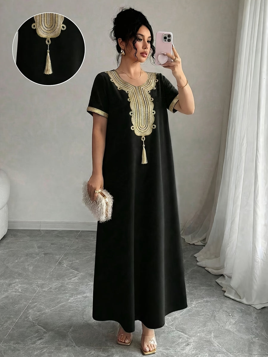 Middle East Round Neck Temperament Loose Belly-Covering Vacation Retro Niche Design Dress Short-Sleeved Long Skirt - Black