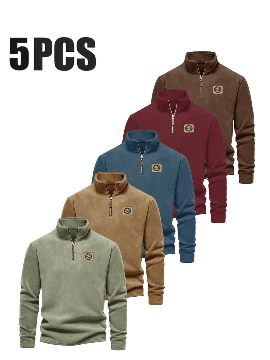 Men's Five-pc Versatile Sweatshirt, Half-Zip Stand Collar Daily Casual Top - Mint Green + Navy Blue + Deep Red + Reddish Brown + Orange