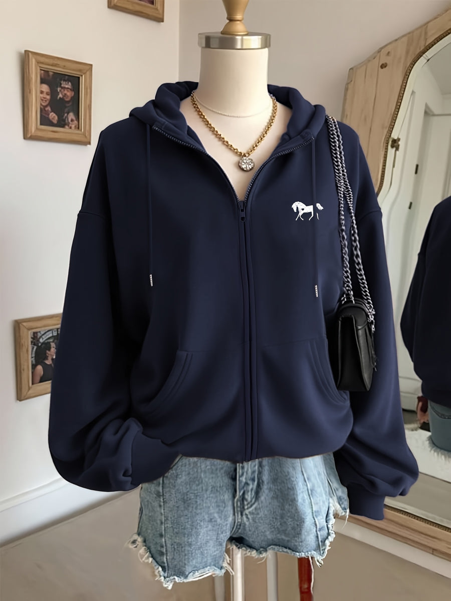 Simple Pony Heart Pattern Small and Exquisite Autumn/Winter Plush Fashionable Trendy Women's Zipper Hooded Sweatshirt Jacket Top - Navy Color