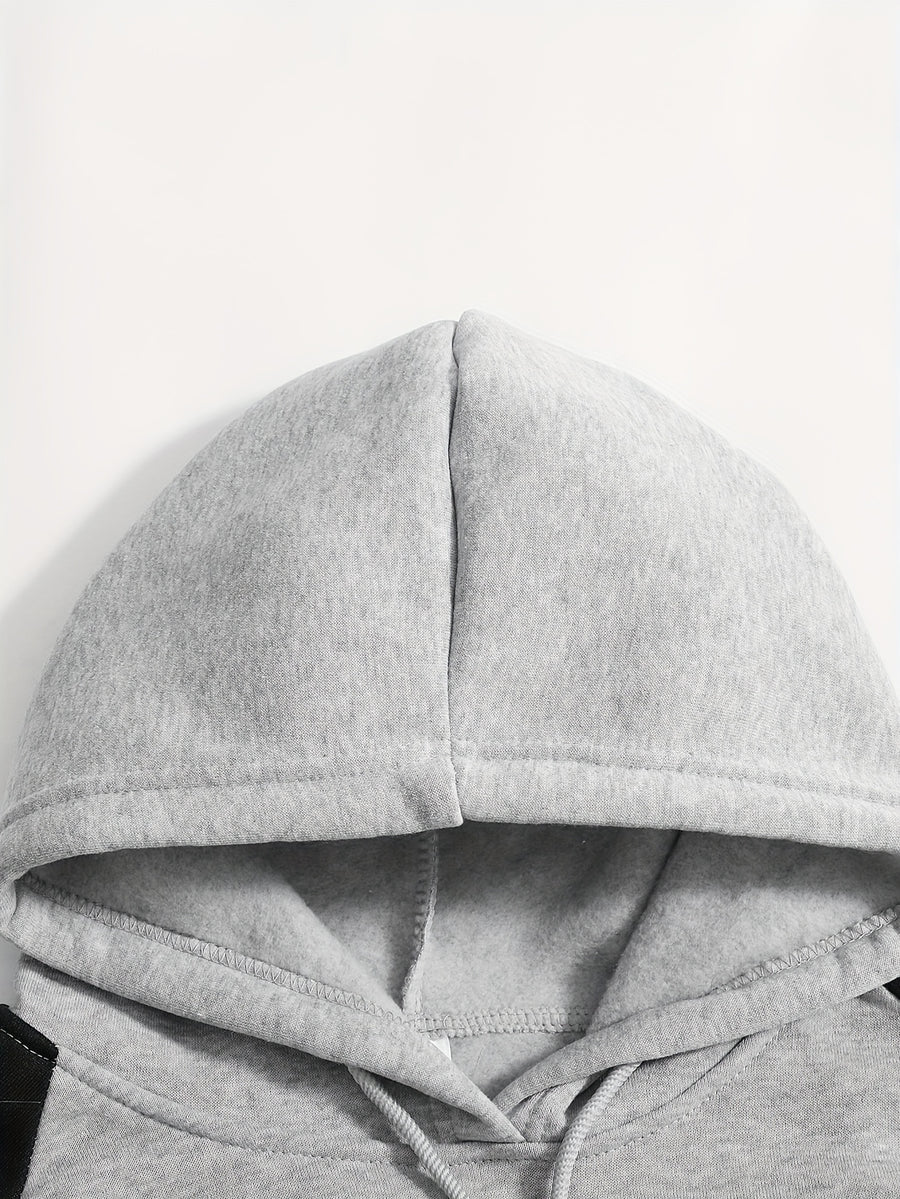 Men's Trendy Patchwork Print Hooded Sweatshirt, Casual Daily Wear Sporty Pullover, Autumn Essentials - Light Gray + Black