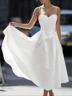 Women's Fashionable Exquisite Daily Commute Attire Women's Elegant Polka Dot Oversized A-line Back Smocked Spaghetti Suspender Dress Tailored Waist-Cinched Sexy Low-cut Bridesmaid Dress Women's - Ivory White