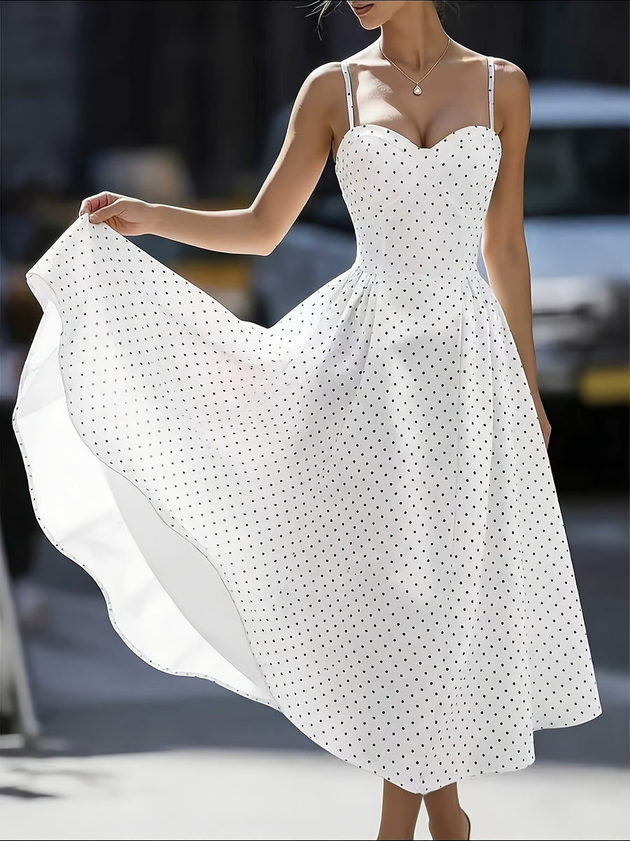 Women's Fashionable Exquisite Daily Commute Attire Women's Elegant Polka Dot Oversized A-line Back Smocked Spaghetti Suspender Dress Tailored Waist-Cinched Sexy Low-cut Bridesmaid Dress Women's - Ivory White