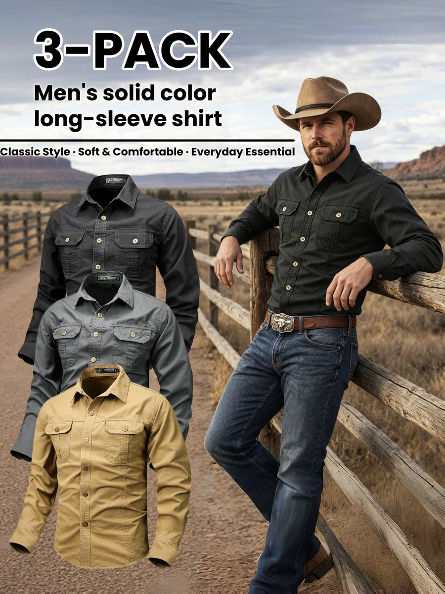 Men'S 3pcs Set of Solid Color Long-Sleeve Work Shirts, Double-Pocket Practical Western Style Shirts, Suitable for Outdoor, Construction Site, Commuting And Various Indoor/Outdoor Scenarios, Autumn Menswear - Black + Gray + Khaki