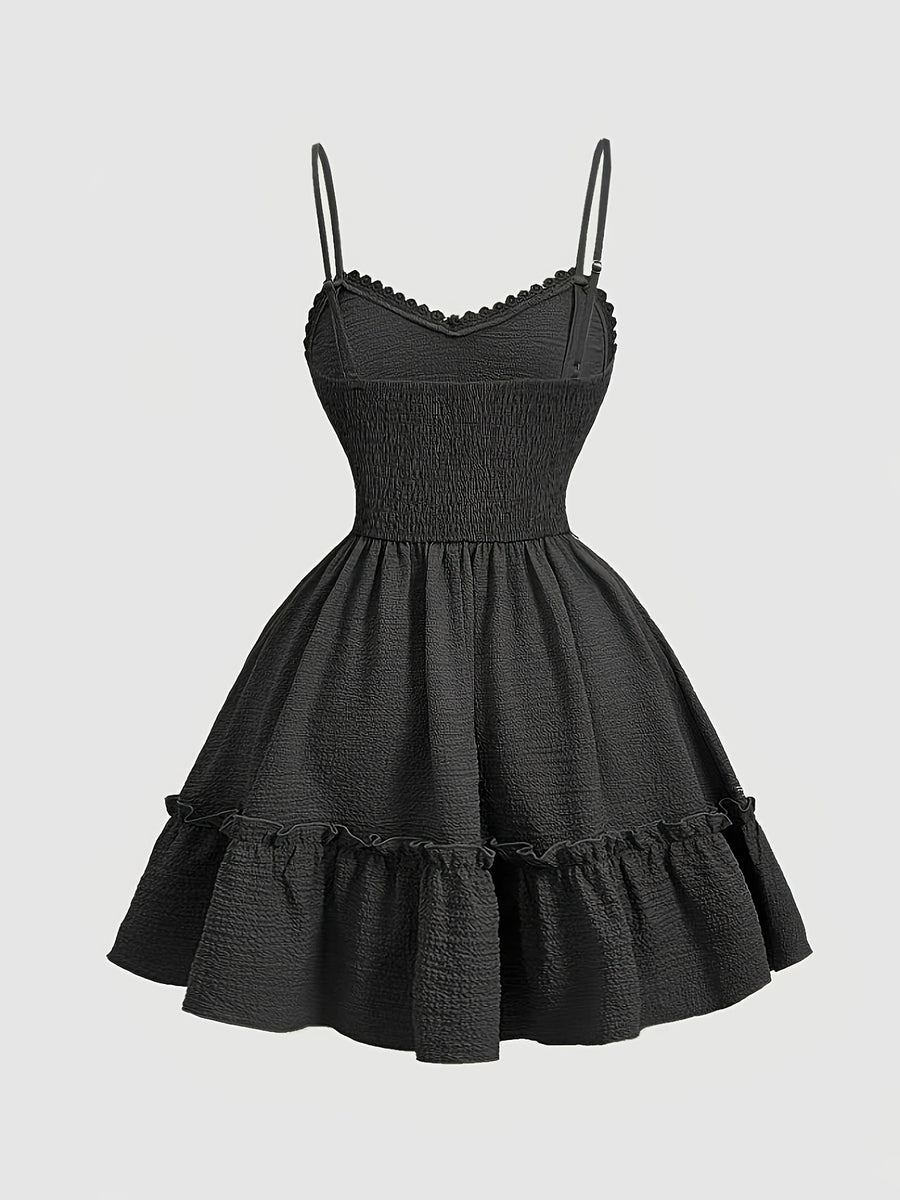 Elegant V-neck Lace-Trimmed Strap Dress | Solid Color, Contrast Lace Details, Suitable for Spring/Summer/Fall, for Adults - Black