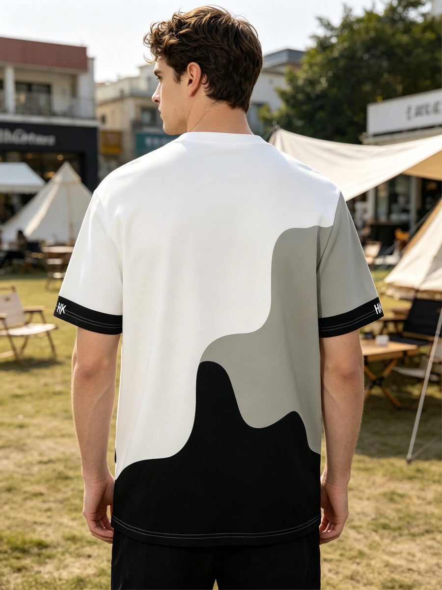 [Printed Design Not Textured] Minimalist Streetwear Men'S Crew Neck Casual T-Shirt with Standard Curved Wave Cut, Layered Spliced Sleeves, And Symmetrical Letter Prints for Daily Commute - Mixed colors