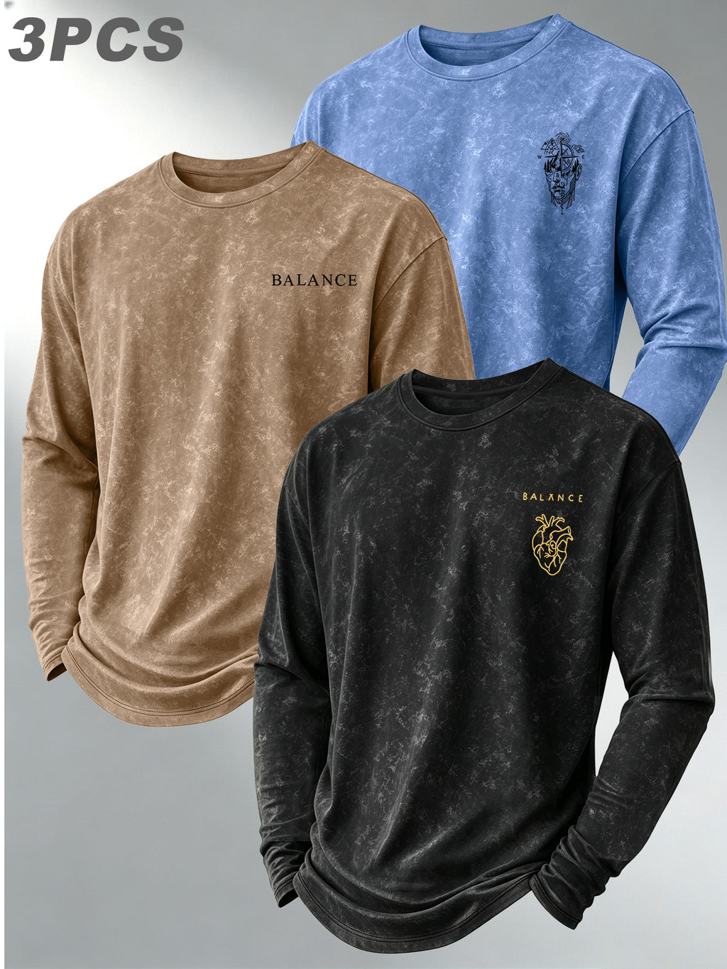 Versatile Basic 3pcs Set Distressed Long-Sleeve Men's Washed Crew Neck Daily Commute Casual Long-Sleeve Top - Black+Khaki+Light Blue