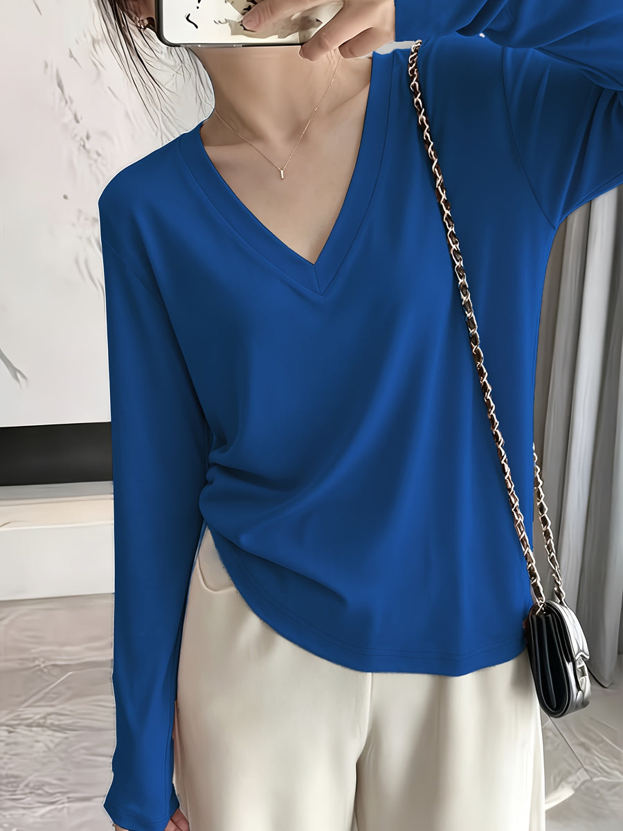 Loose Fit Drop Shoulder Sleeves Relaxed Style Women's Long Sleeve T-Shirt Polyester Women's Autumn Top Thin V-Neck Pullover Solid Color Basic Style Women's Casual Base Layer Spring/Autumn Women's Clothing Machine Washable, Not Dry Cleanable Autumn - Blue