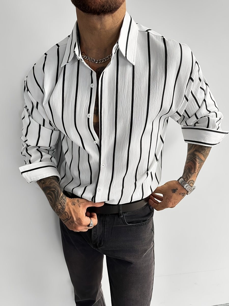 Men's Classic Black and White Striped Long-Sleeve Shirt, Textured Button-Up Shirt, Suitable for Casual and Office Commuting, All Seasons, Men's Gift - White