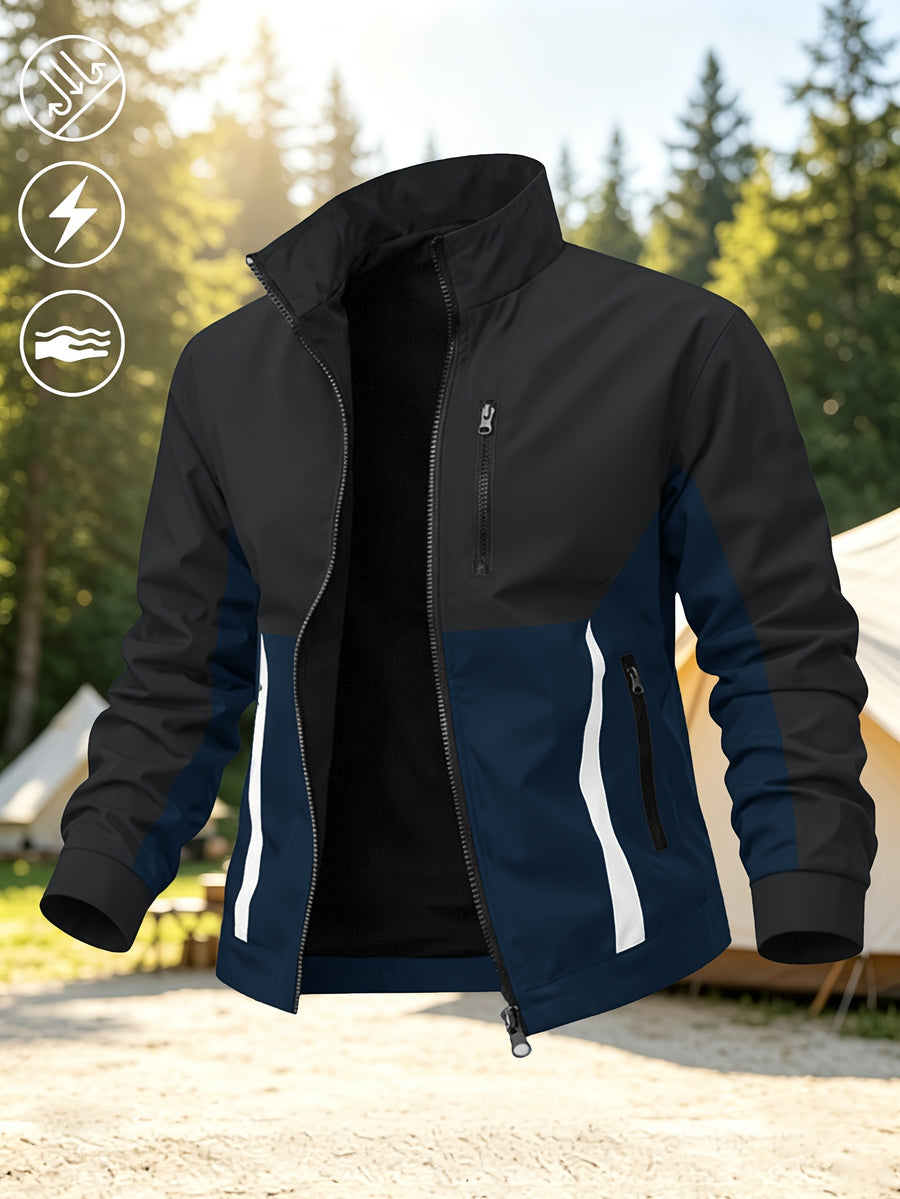 Men's New Trendy Versatile Outdoor Sports Mountain Climbing Comfortable Casual Fashionable Loose High Street Long Sleeve Color Block College Jacket - Black & Blue