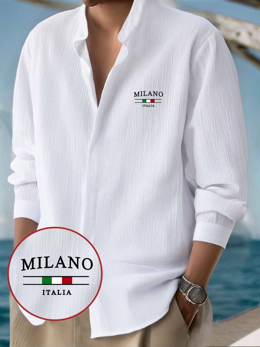 Men'S Classic Solid Color Casual Long-Sleeve Button-Up Shirt with a Stand Collar Design, Machine Washable, Featuring a Milan Italy Pattern Print, Suitable for All Seasons, Perfect for Outings, The Beach, And Everyday Wear - White