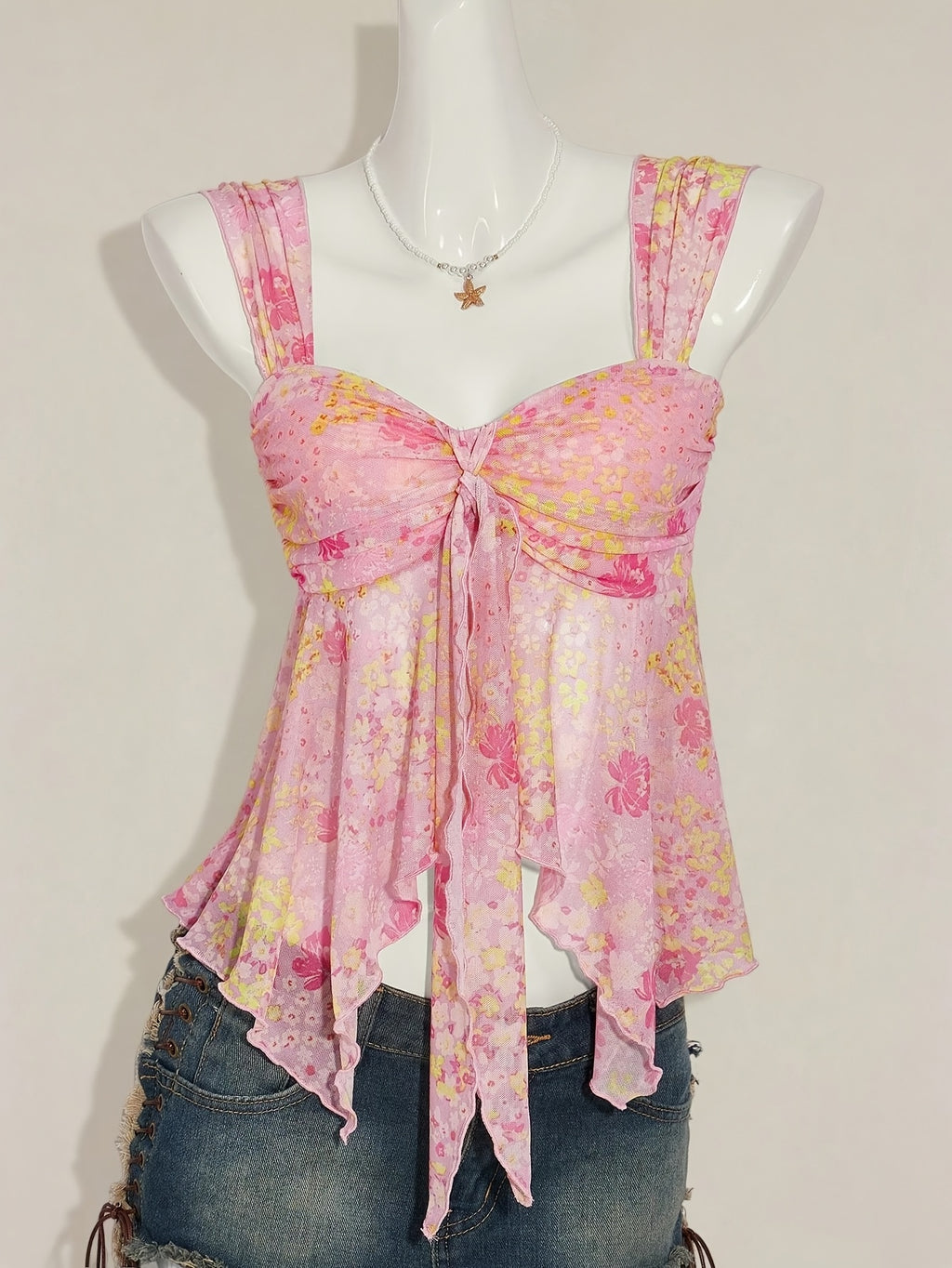 Women'S Ditsy Floral Asymmetrical Hem Cute Floral Top, Cute Summer Top Autumn Women'S Wear Niannian - pink color