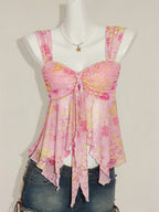 Women'S Ditsy Floral Asymmetrical Hem Cute Floral Top, Cute Summer Top Autumn Women'S Wear Niannian - pink color