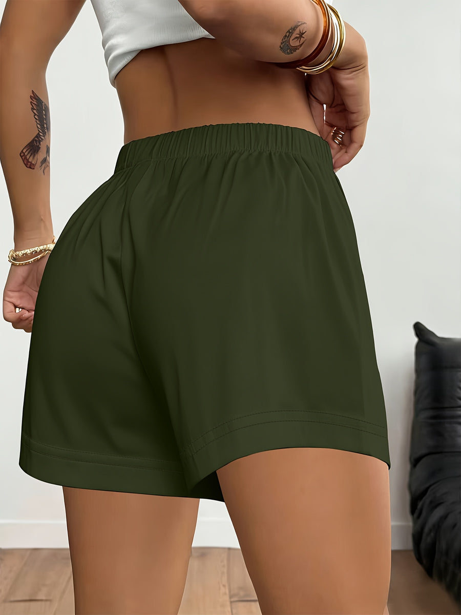 2026 Spring/Summer New Women'S Bottoms Minimalist Fashion White Striped Print Light Daily Home Leisure Comfortable Elastic Waist Shorts with Pockets on Both Sides - Olive Green