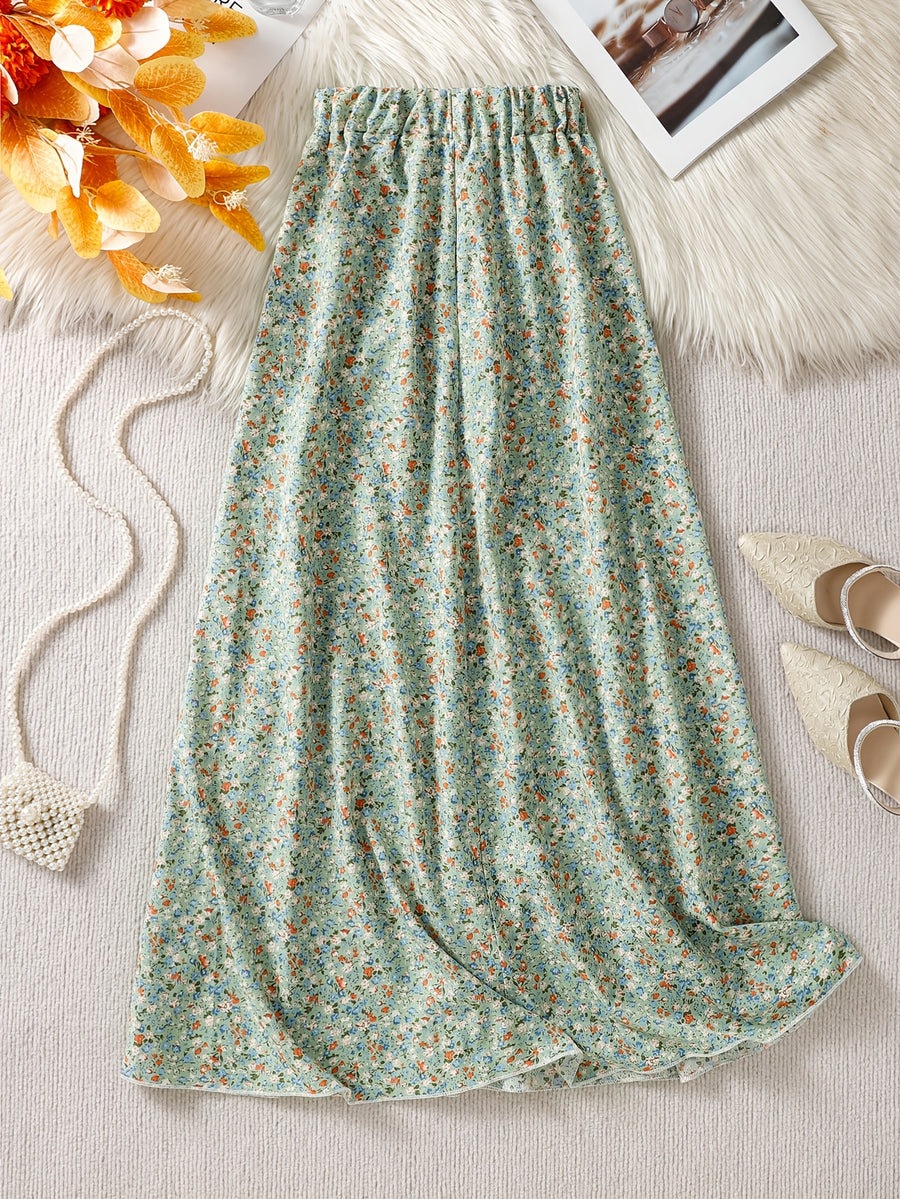 Women's High Waist Floral Maxi Skirt, A-Line Flowy Resort Skirt, French Style Elegant Dress for Spring Summer Fall - Light Green