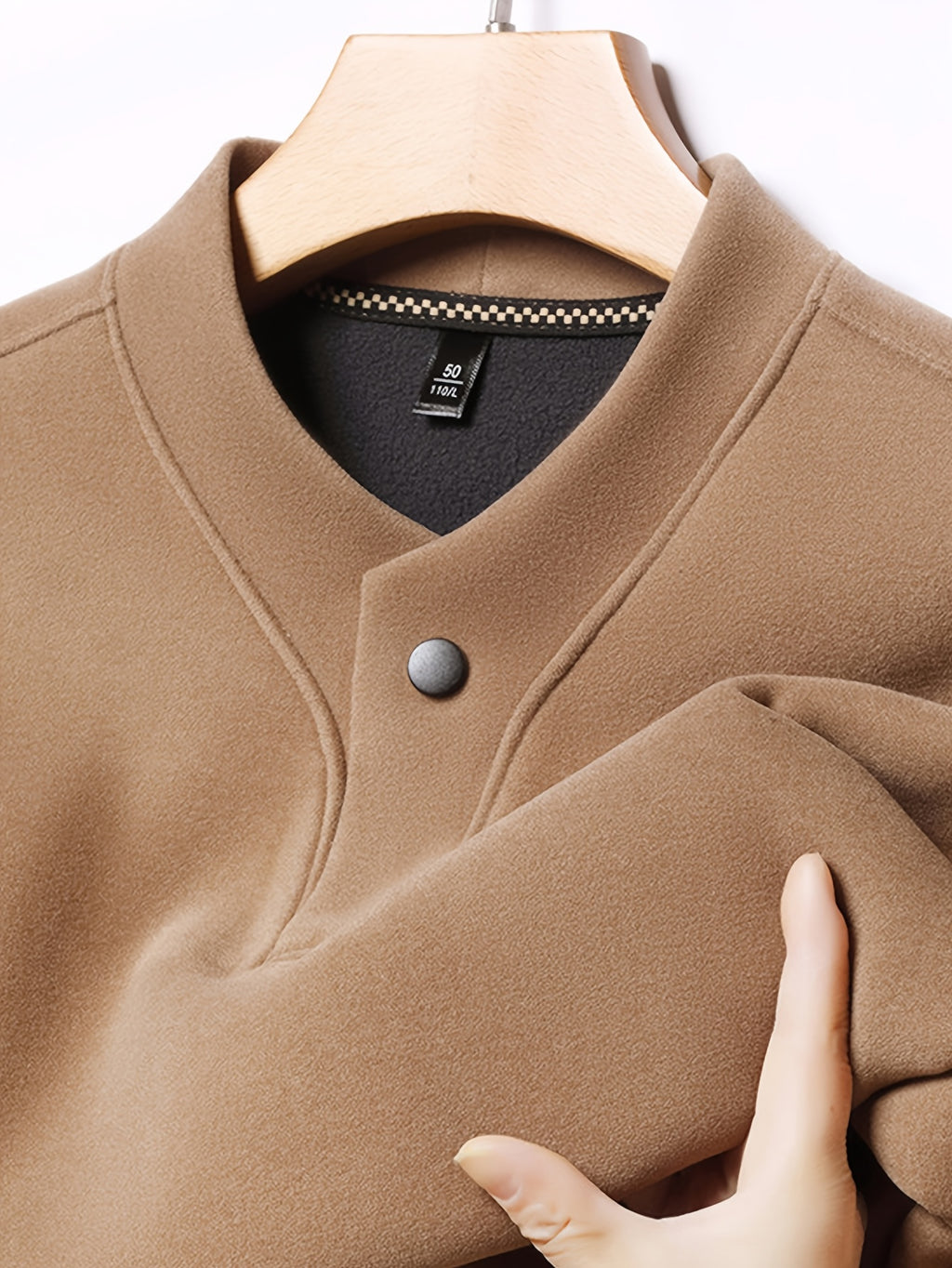 Men'S Single-Button Henley Collar Fleece Long Sleeve Top, Solid Color Minimalist Design Without LOGO, Light Luxury Easy Men'S Style - SINBOS - Camel