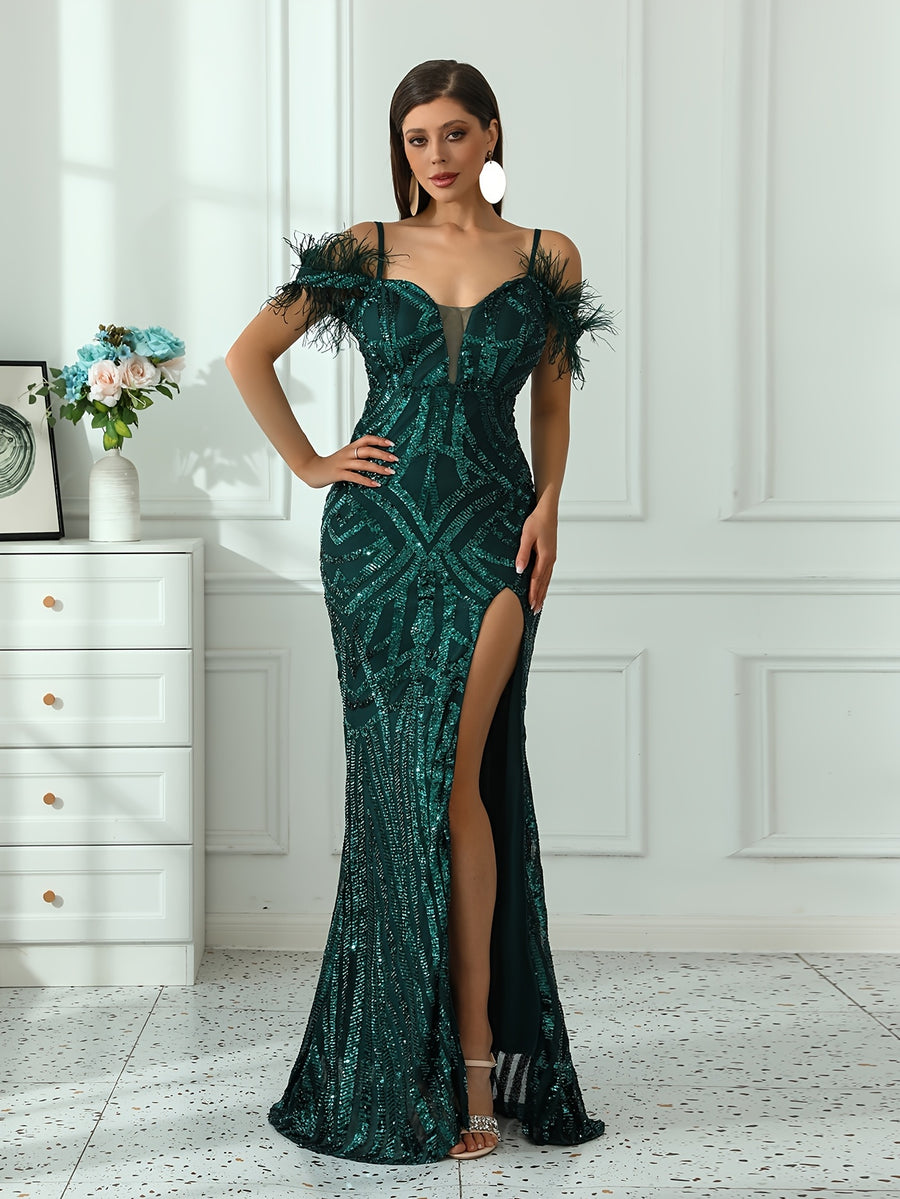 Elegant Evening Dress For Women | V-Neck, Geometric-Pattern, Extra-Long, Details, All-Season - Navy Color