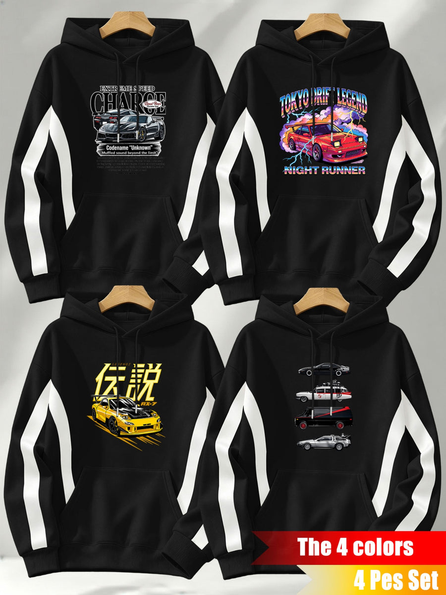 4pcs Set: 2026 Autumn/Winter Men's Street Style Hooded Sweatshirt with Diagonal Contrast Color Stripes on Sleeves, Long Sleeves, Adjustable Drawstring, Large Capacity Kangaroo Pocket for Phones, Skin-Friendly and Warm, Versatile Pullover Hoodie - Black + Black + Black + Black