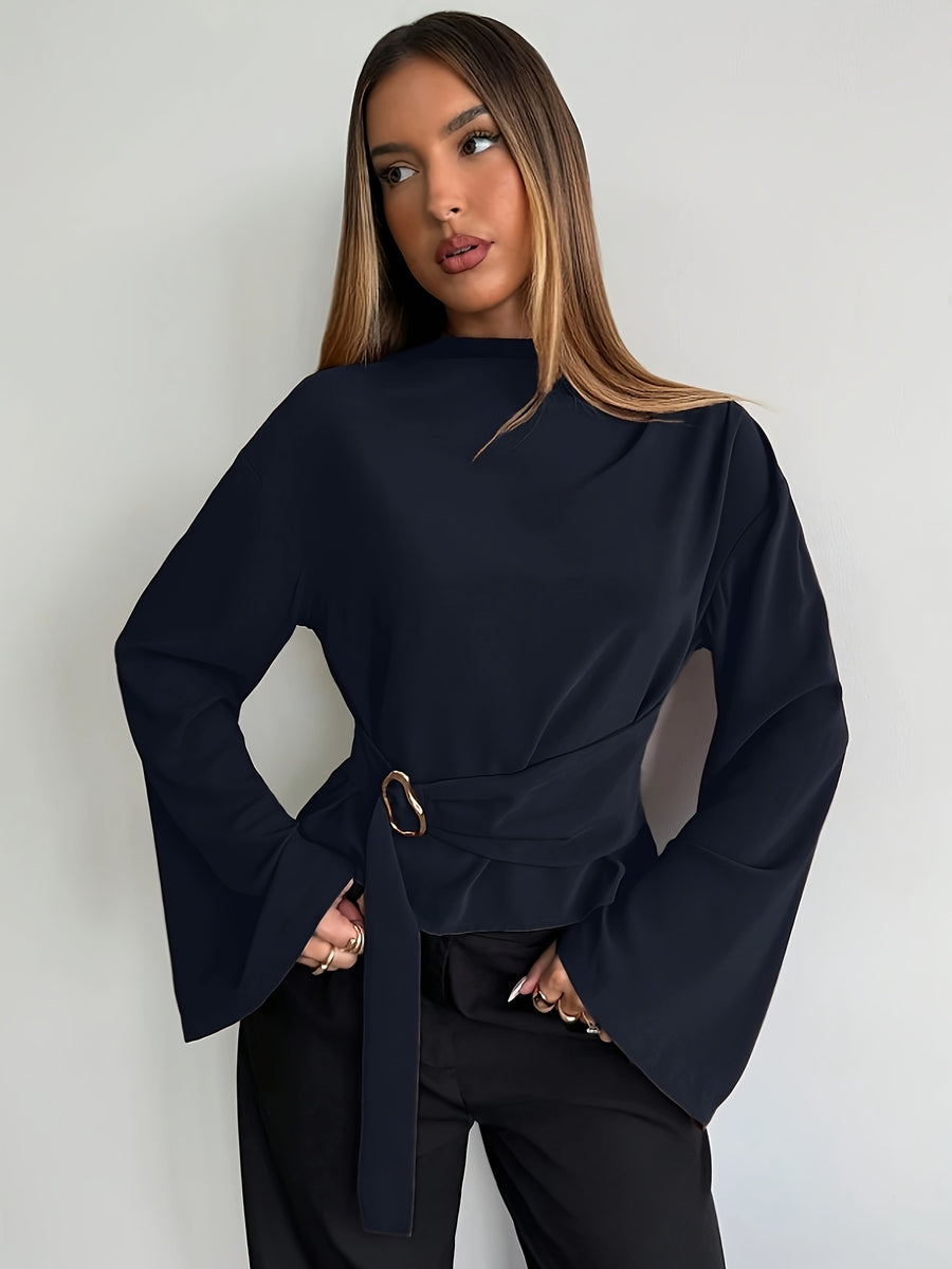 Women's Flared Sleeve Blouse, Suitable for Daily Business Commutes and Office Wear, Solid Color Shirt with Metal Buttons, Basic Top, Vintage Style, Elegant Women's Blouse - Navy Color