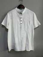 Men'S Henley Shirt | Casual Stand Collar, Slight Stretch Fabric, Button Detail, Solid Color, Regular Fit For Spring/Fall - White