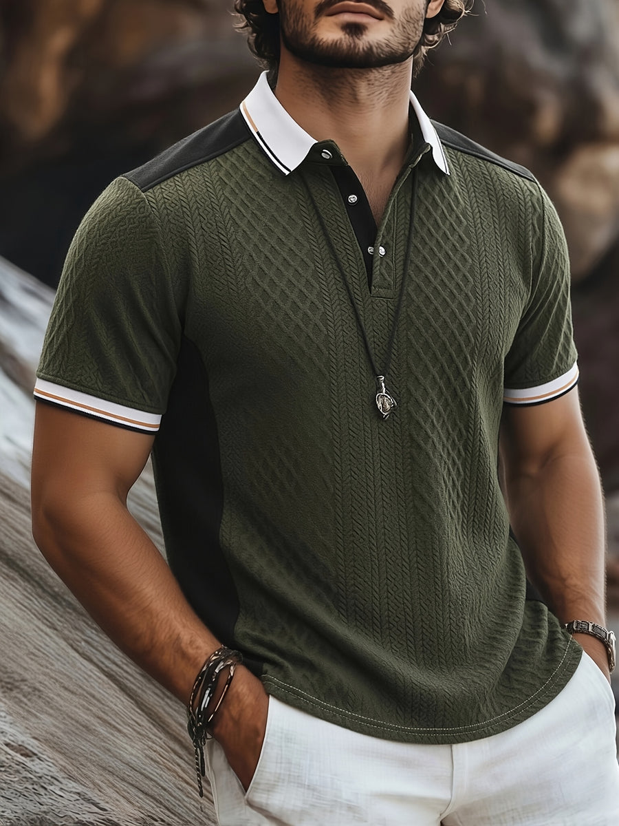 Men's Fashion New Color-Block Polo Shirt with Collar, Jacquard Design, Soft Fabric, Versatile for Outdoor Streetwear and Beach Vacation Outfits - Olive Green