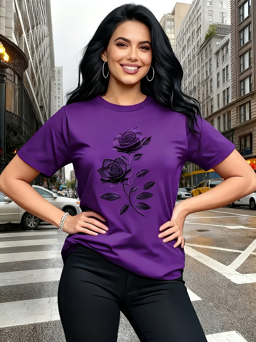 Elegant Women'S T-Shirt | Unique Rose Pattern - Casual Crew Neck Top | Breathable, Lightweight, Perfect for Spring And Summer Wardrobe - Dark Violet
