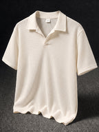 Men's Polo Shirt Short Sleeve Summer Apparel, Hollow-Out Buttonless Thin Mesh Semi-Transparent Knitted Sweater, Casual Fashion Sport Top - Apricot