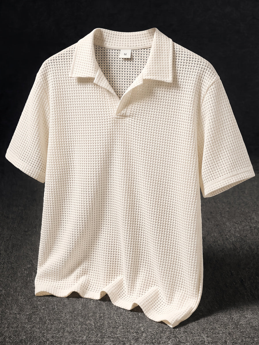 Men's Polo Shirt Short Sleeve Summer Apparel, Hollow-Out Buttonless Thin Mesh Semi-Transparent Knitted Sweater, Casual Fashion Sport Top - Apricot