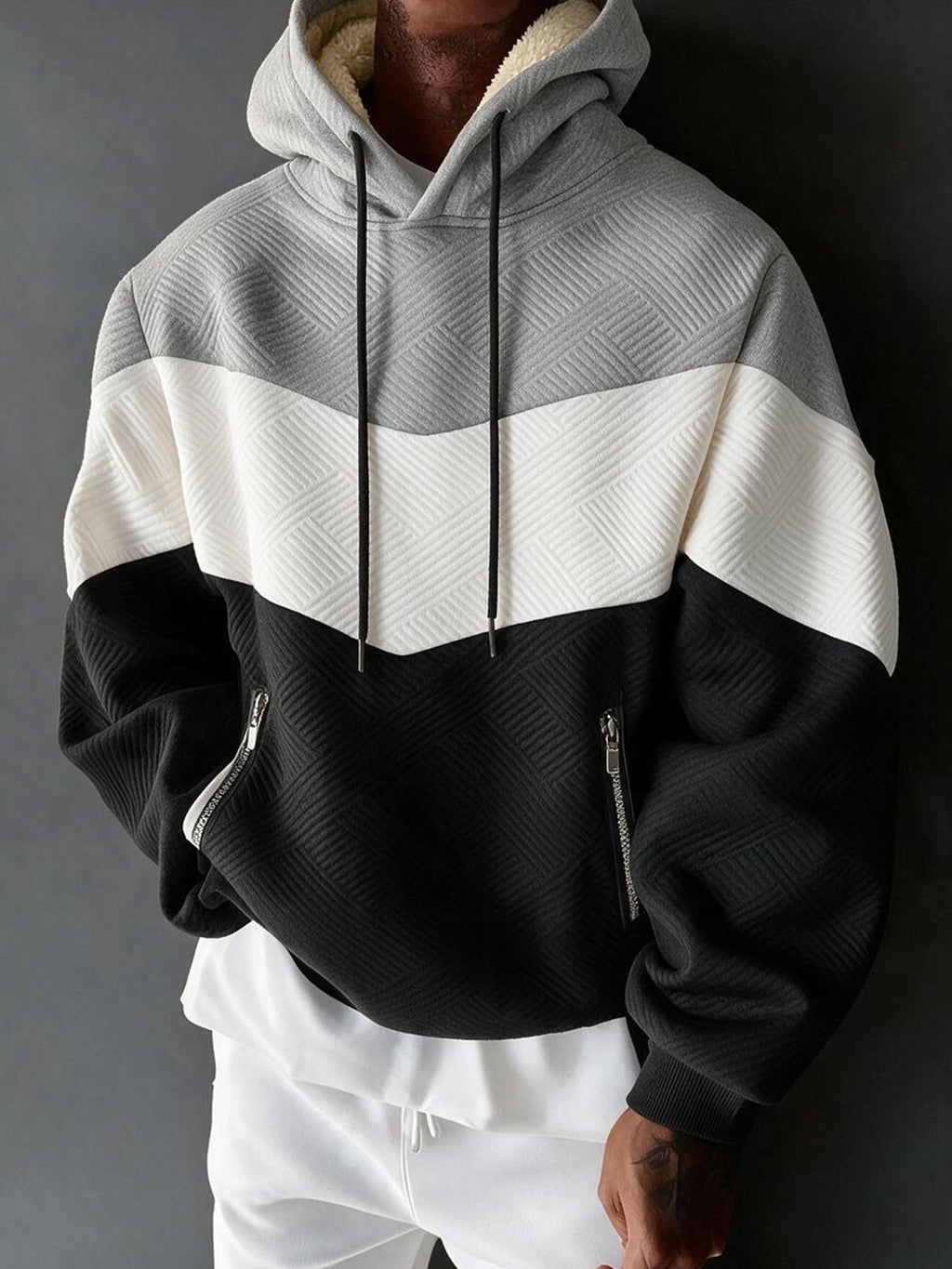 1pc Men'S Color-Block Patchwork Hooded Pullover Sweatshirt, Multi-Color Warm Textured Men'S Hoodie, Drawstring Kangaroo Pocket Warm Hooded Top, Casual Street Style Regular Fit Fall/Winter Sweatshirt, Multi-Color Patchwork Long Sleeve Hoodie - Light Gray,, Black
