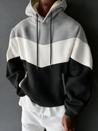 1pc Men'S Color-Block Patchwork Hooded Pullover Sweatshirt, Multi-Color Warm Textured Men'S Hoodie, Drawstring Kangaroo Pocket Warm Hooded Top, Casual Street Style Regular Fit Fall/Winter Sweatshirt, Multi-Color Patchwork Long Sleeve Hoodie - Light Gray,, Black