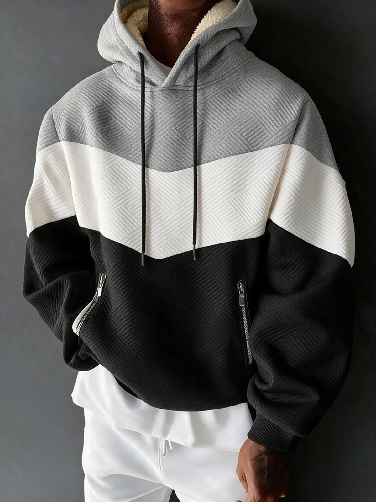 1pc Men'S Color-Block Patchwork Hooded Pullover Sweatshirt, Multi-Color Warm Textured Men'S Hoodie, Drawstring Kangaroo Pocket Warm Hooded Top, Casual Street Style Regular Fit Fall/Winter Sweatshirt, Multi-Color Patchwork Long Sleeve Hoodie - Light Gray,, Black
